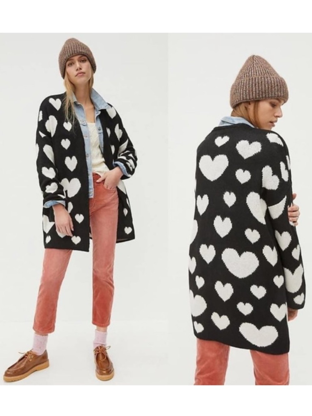 Anthropologie Halley Hearts Open Front Cardigan Love Black White M/L